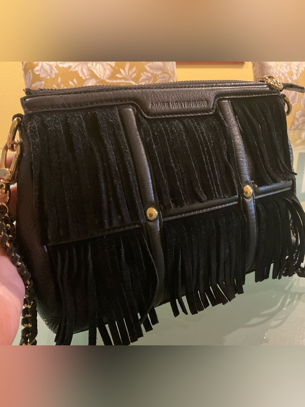 AIMEE KESTENBERG BLACK CROSSBODY BLACK PEBBLED LEATHER BLACK SUEDE CHAIN STRAP